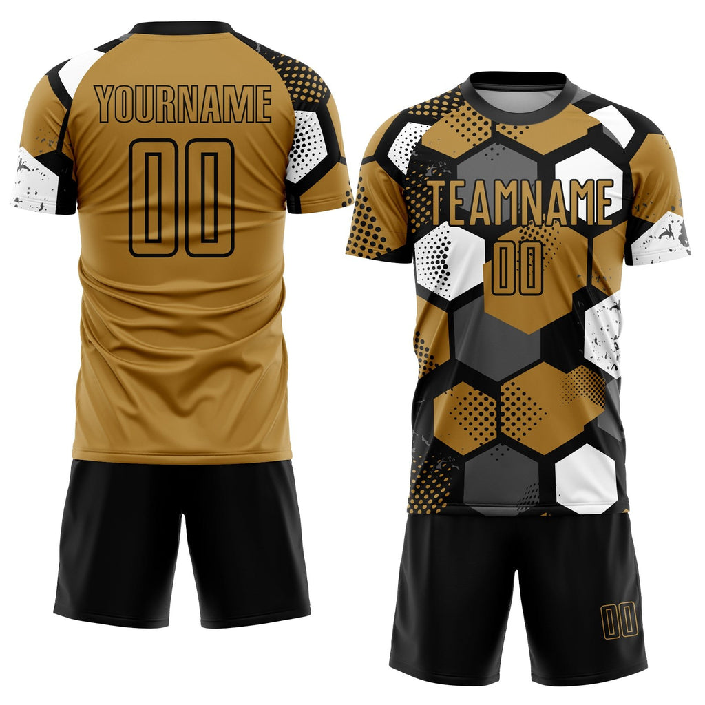 Custom Old Gold Black-White Sublimation Soccer Uniform Jersey photo 2