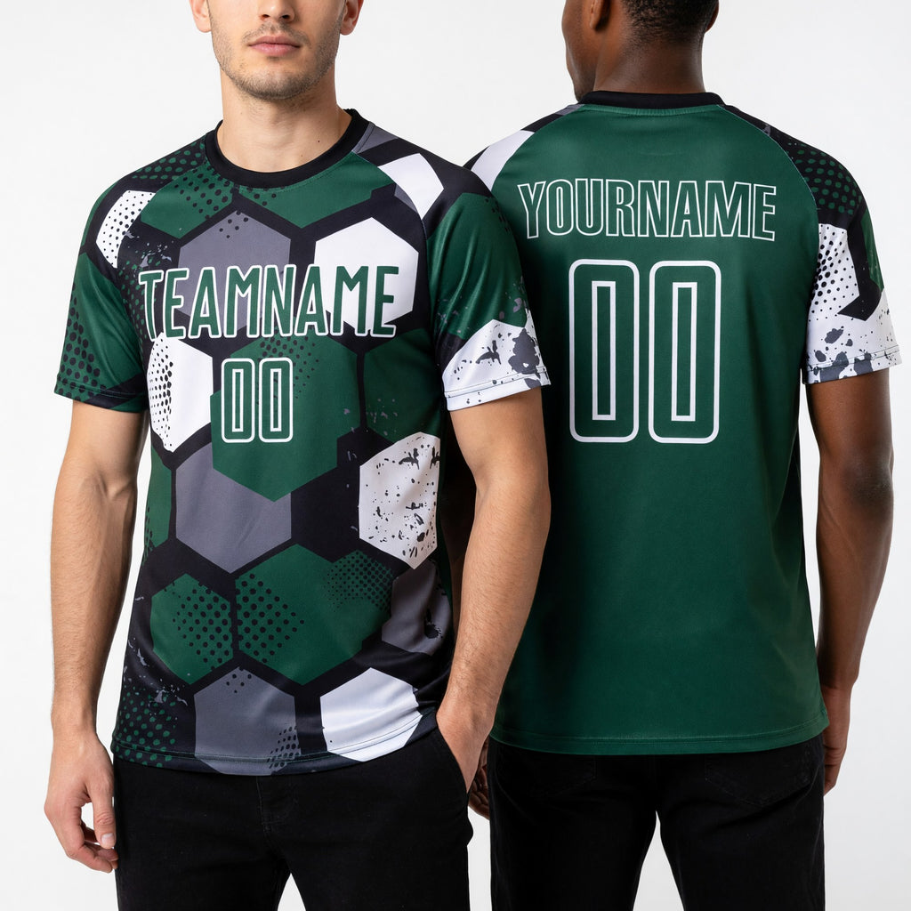 Custom Green Black-White Sublimation Soccer Uniform Jersey worn front and back