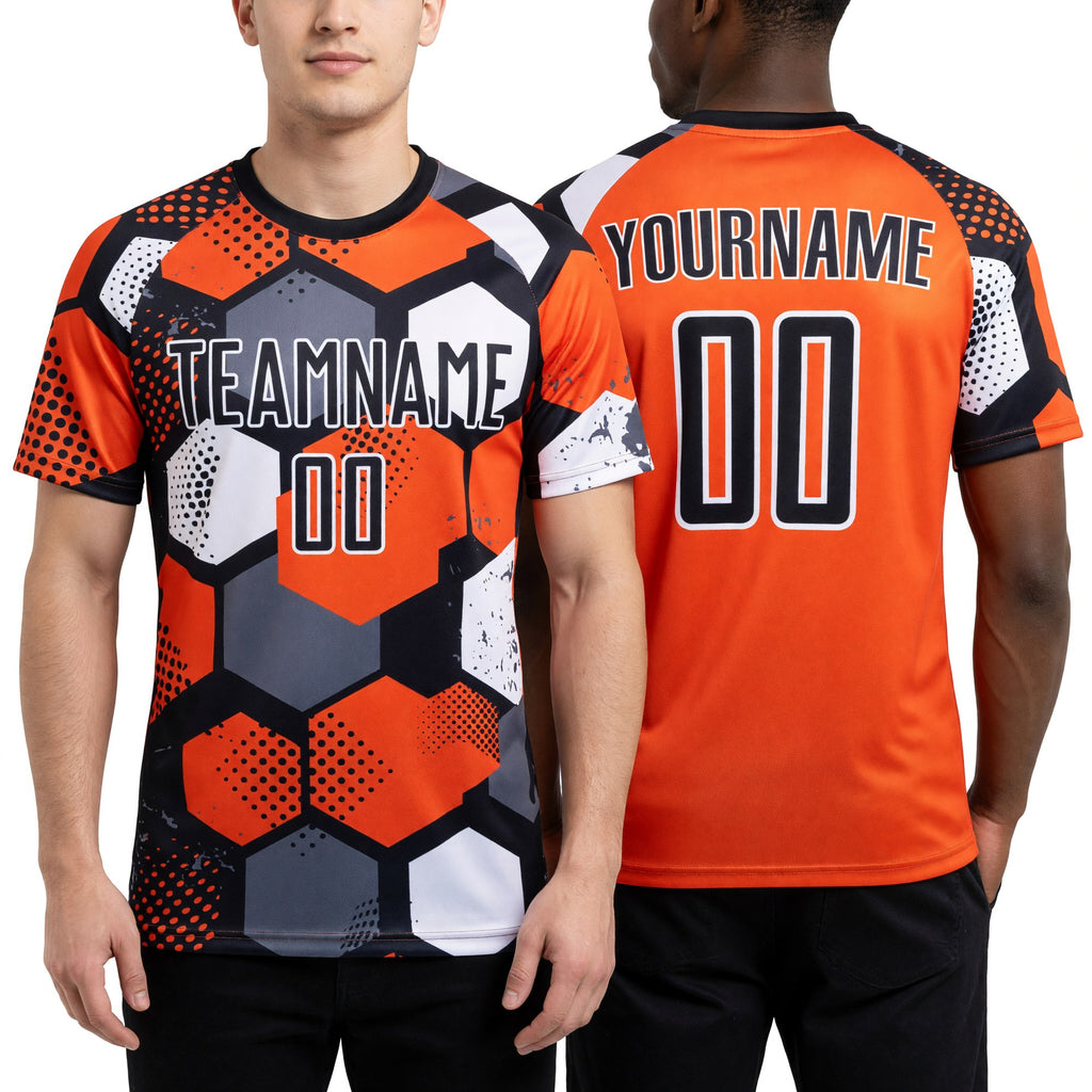 Custom Orange Black-White Sublimation Soccer Uniform Jersey worn front and back