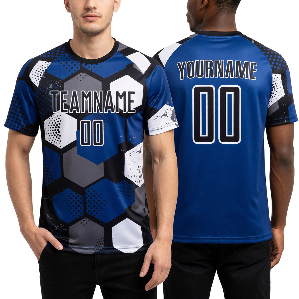 Custom Royal Black-White Sublimation Soccer Uniform Jersey worn front and back