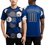 Custom Royal Black-White Sublimation Soccer Uniform Jersey worn front and back