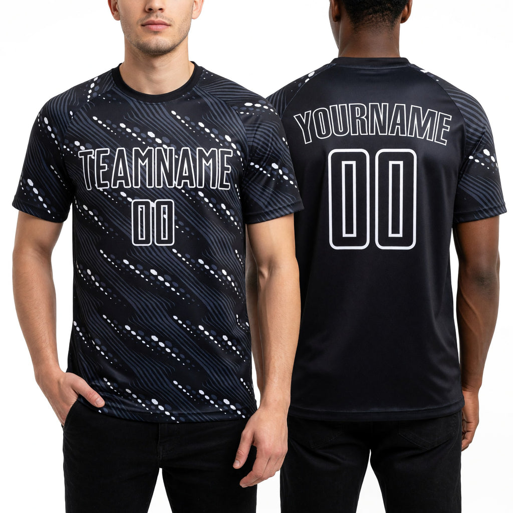 Custom Black White Sublimation Soccer Uniform Jersey worn front and back