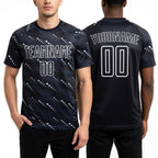 Custom Black White Sublimation Soccer Uniform Jersey worn front and back