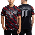 Custom Black Red-White Sublimation Soccer Uniform Jersey worn front and back