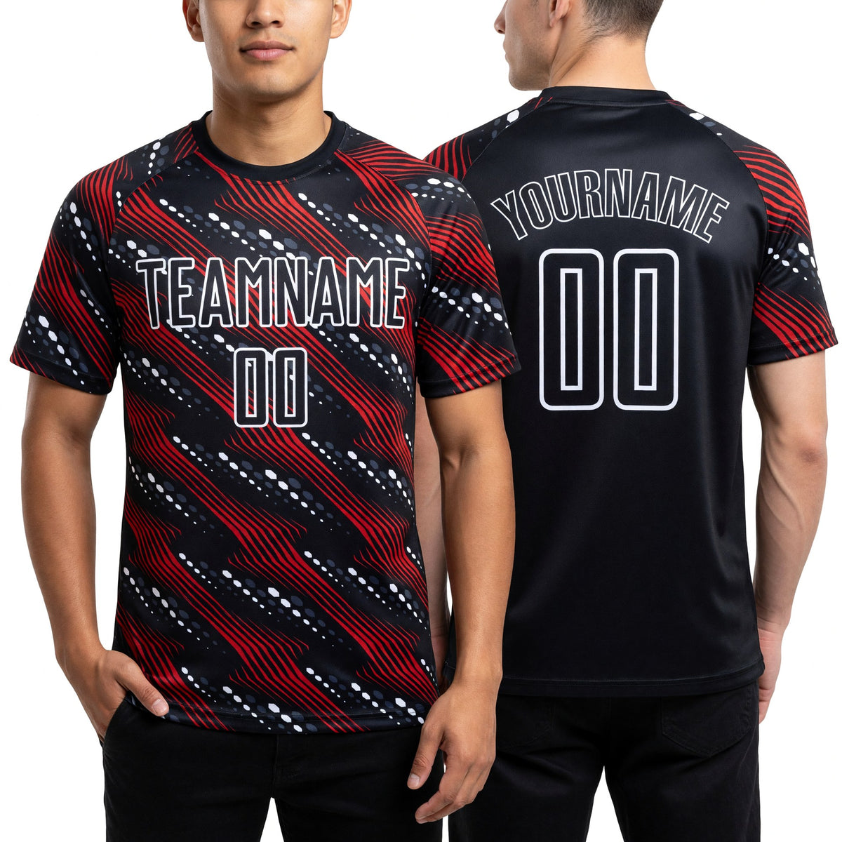 Custom Black Red-White Sublimation Soccer Uniform Jersey worn front and back
