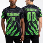 Custom Black Neon Green Sublimation Soccer Uniform Jersey worn front and back