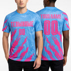 Custom Light Blue Pink Sublimation Soccer Uniform Jersey worn front and back