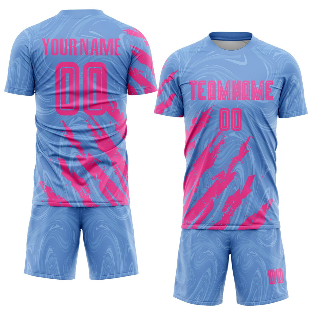 Custom Light Blue Pink Sublimation Soccer Uniform Jersey photo 2