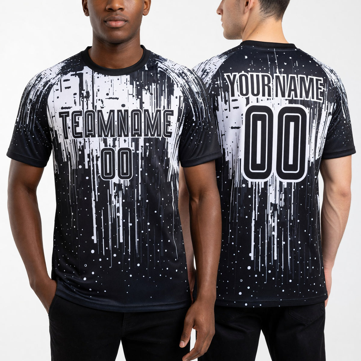 Custom White Black Sublimation Soccer Uniform Jersey worn front and back