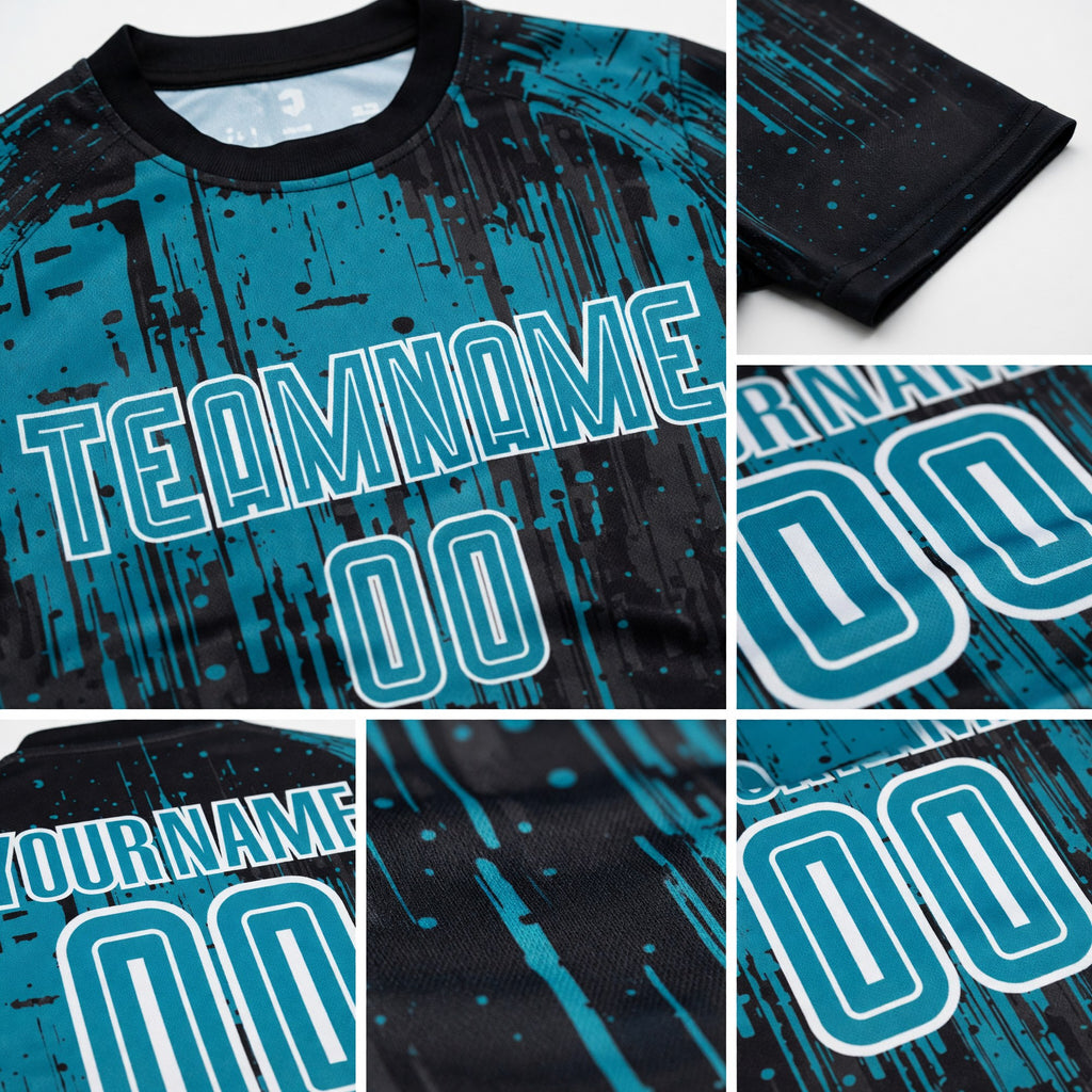 Custom Teal Black-White Sublimation Soccer Uniform Jersey detail