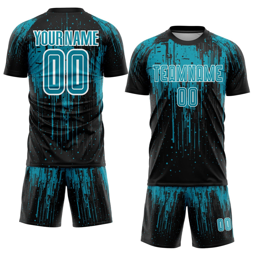 Custom Teal Black-White Sublimation Soccer Uniform Jersey photo 2