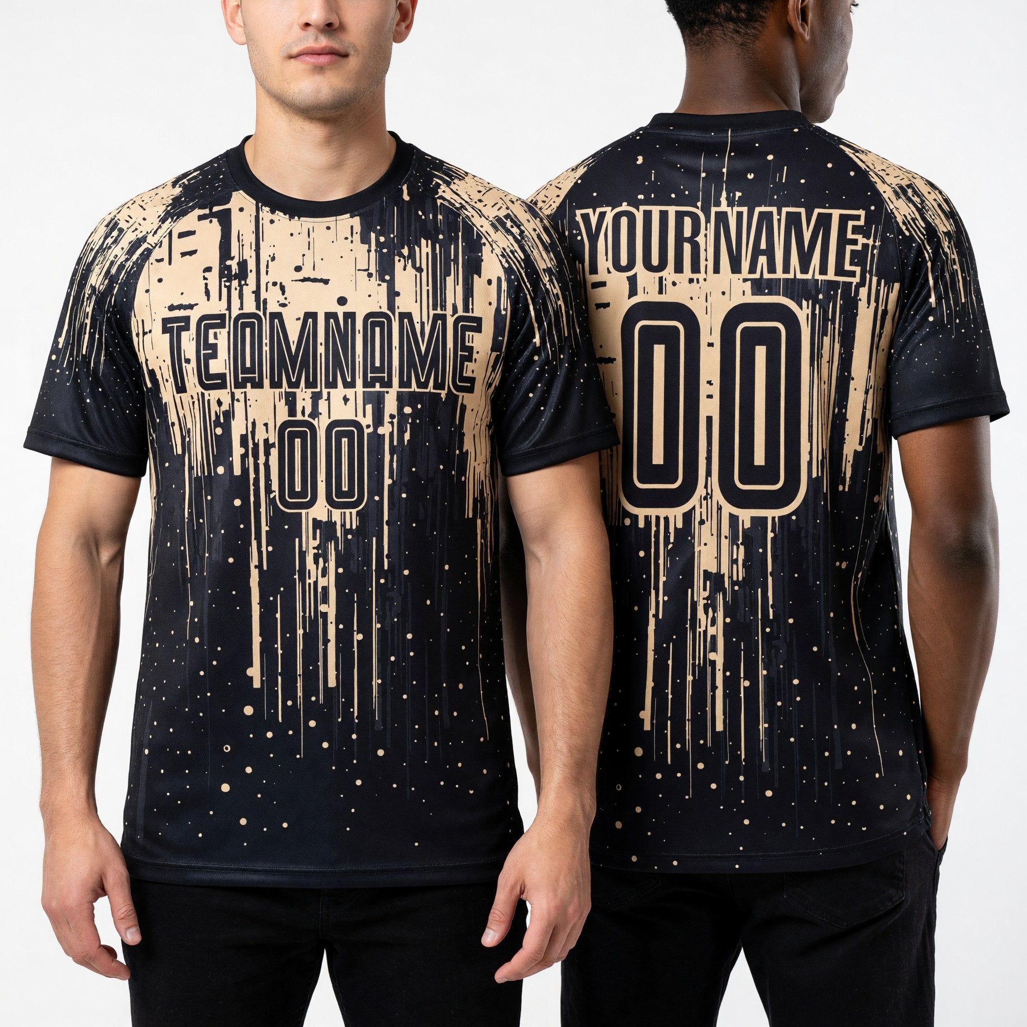 Custom City Cream Black Sublimation Soccer Uniform Jersey worn front and back