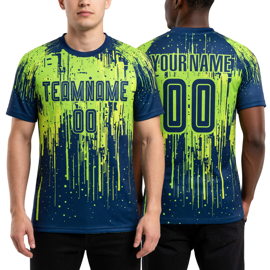 Custom Neon Green Navy-Neon Yellow Sublimation Soccer Uniform Jersey worn front and back