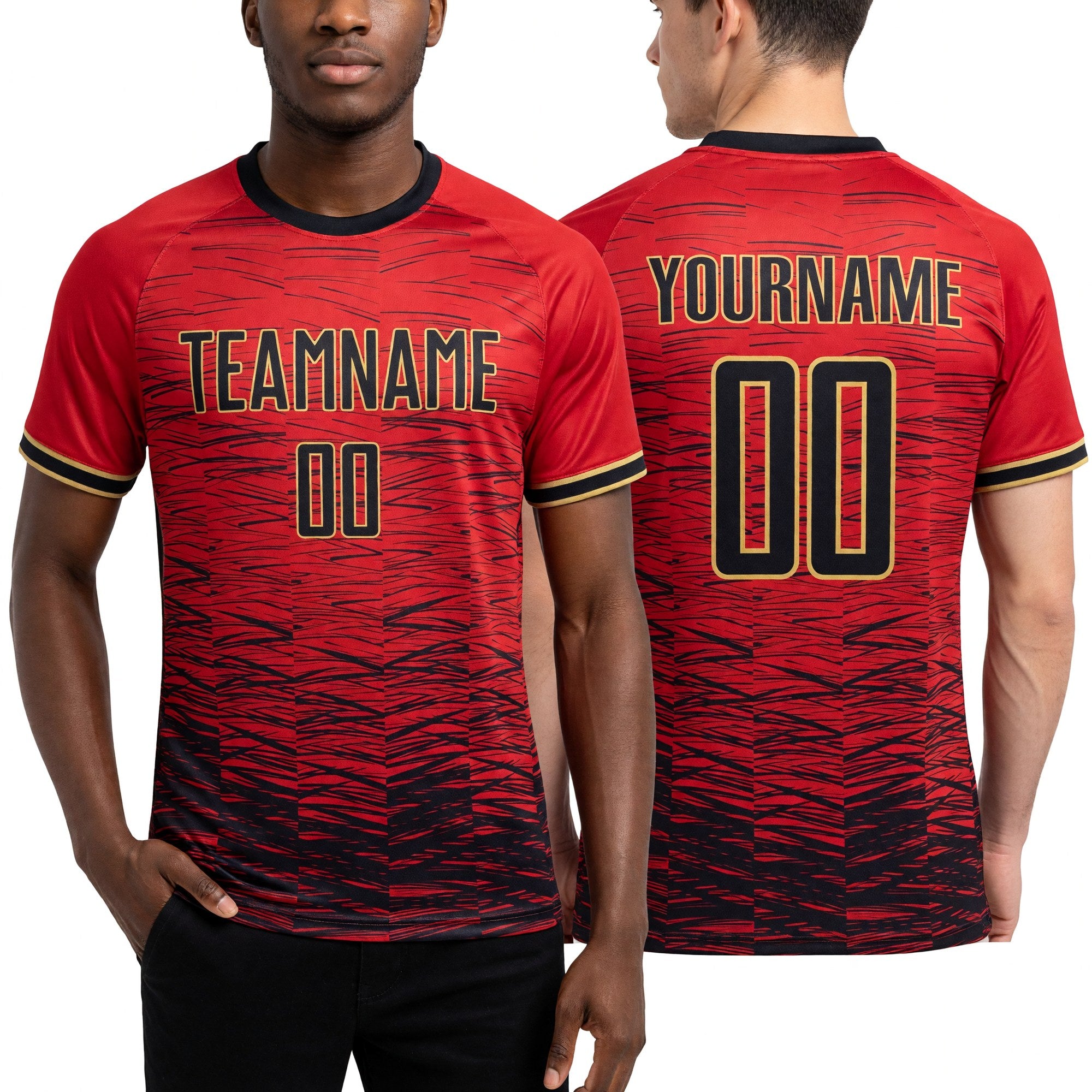 Custom Red Black-Old Gold Sublimation Soccer Uniform Jersey worn front and back