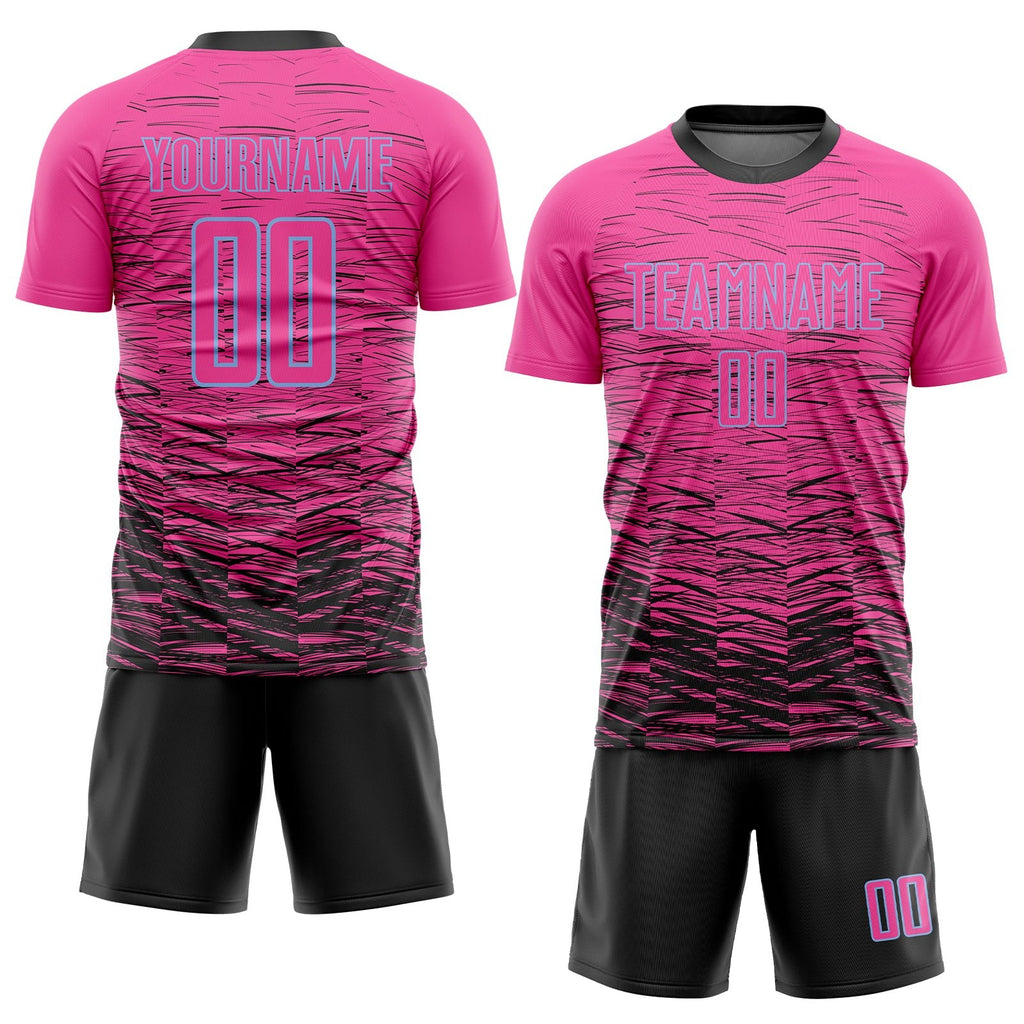 Custom Pink Black-Light Blue Sublimation Soccer Uniform Jersey photo 2