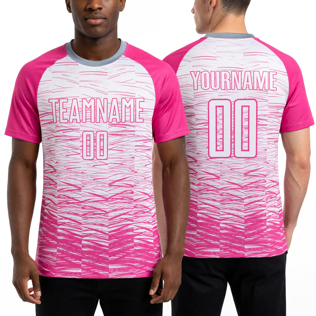 Custom Pink White Sublimation Soccer Uniform Jersey worn front and back