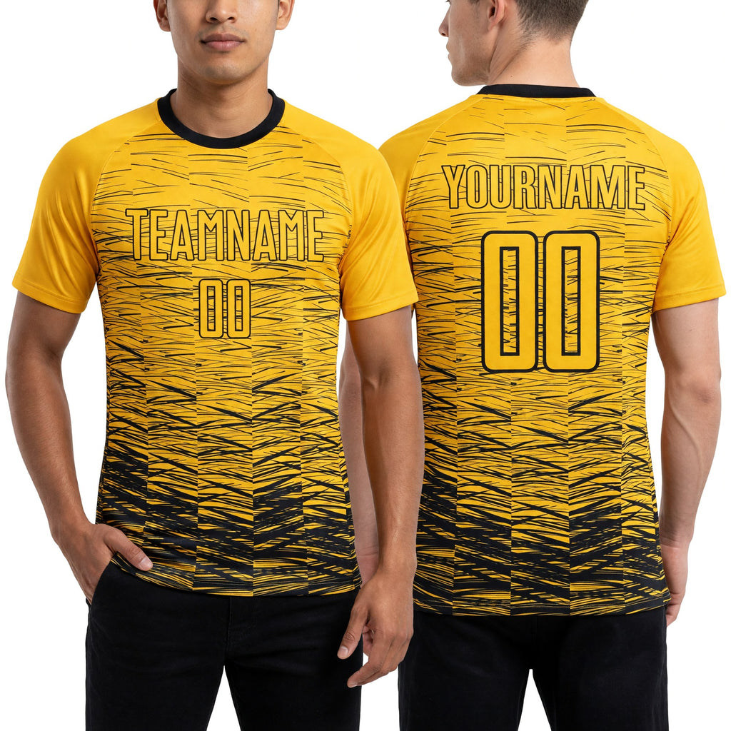 Custom Yellow Black Sublimation Soccer Uniform Jersey worn front and back