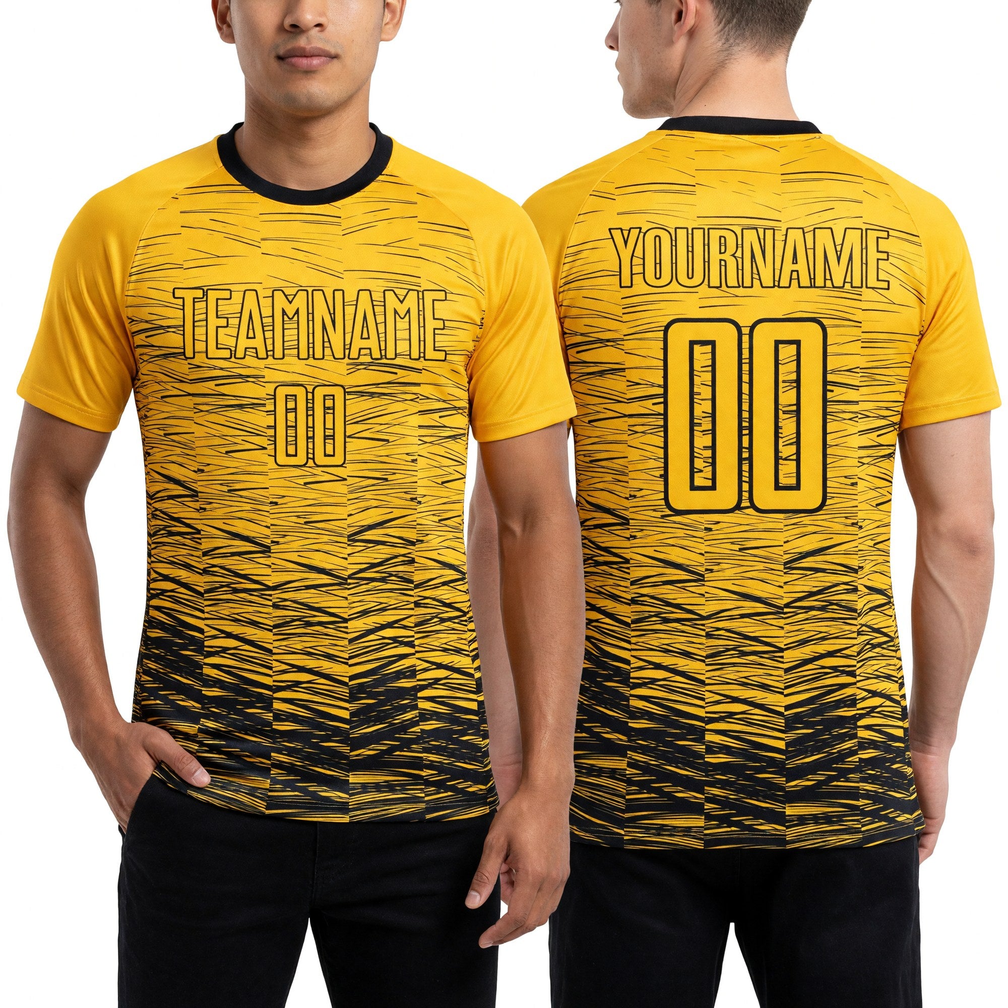 Custom Yellow Black Sublimation Soccer Uniform Jersey worn front and back