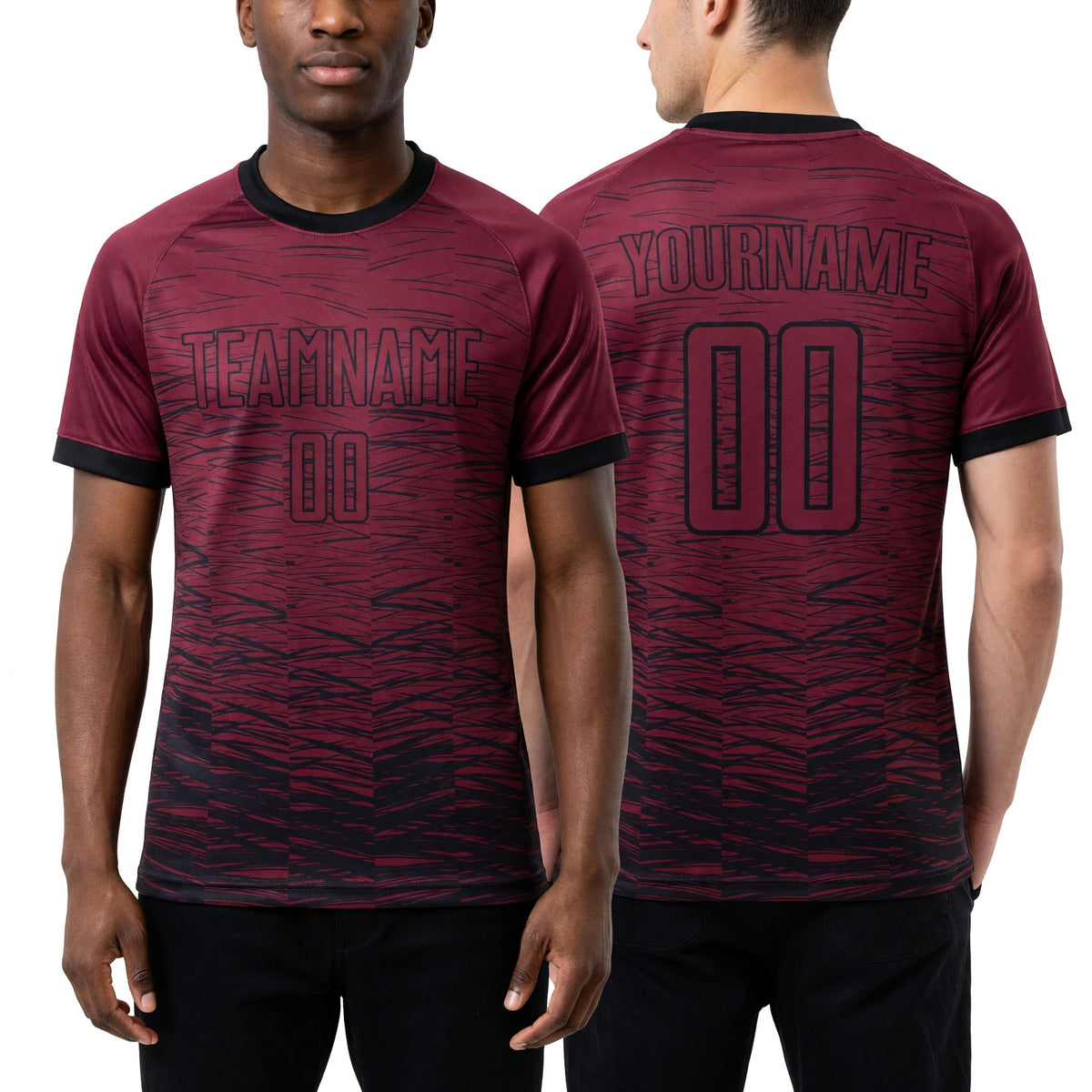 Custom Crimosn Black Sublimation Soccer Uniform Jersey worn front and back
