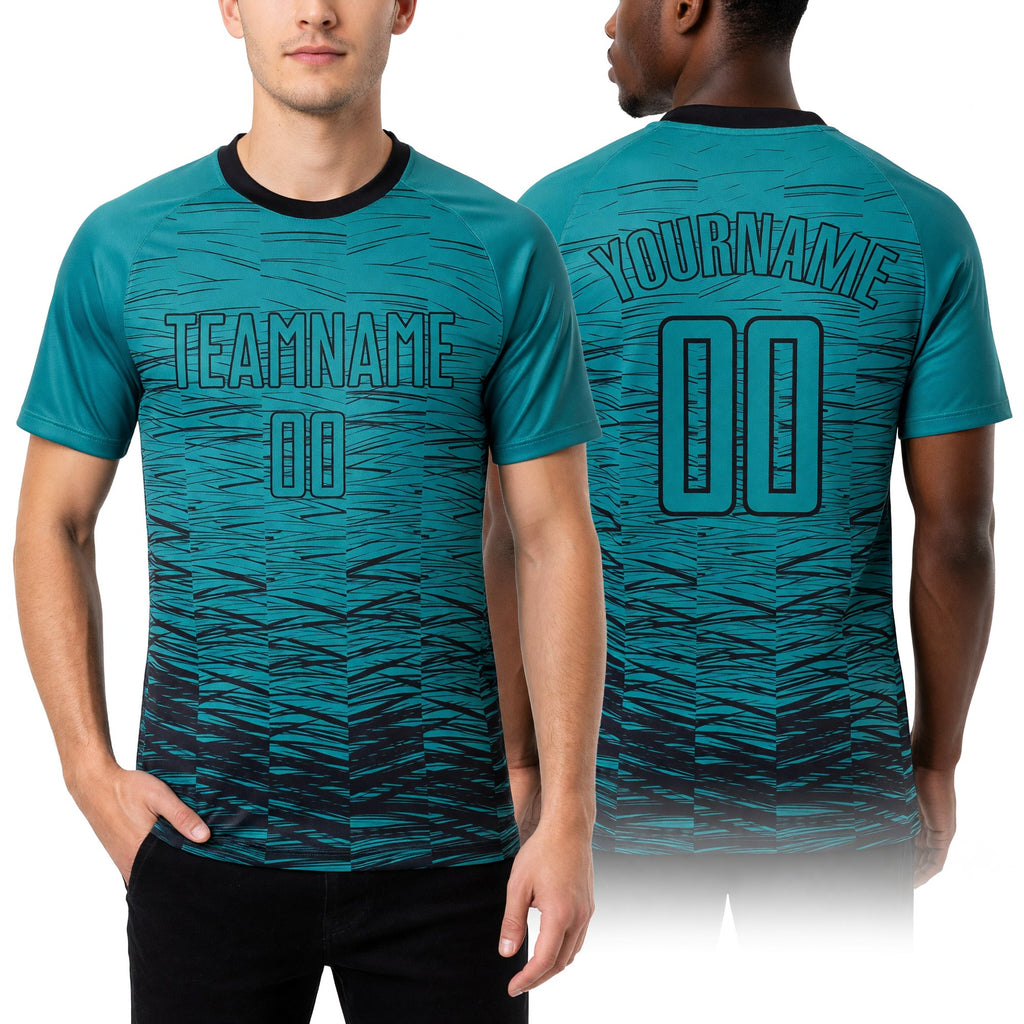 Custom Teal Black Sublimation Soccer Uniform Jersey worn front and back