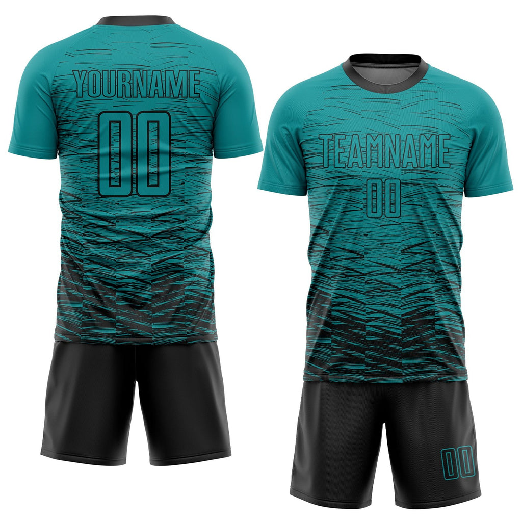Custom Teal Black Sublimation Soccer Uniform Jersey photo 2