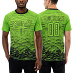 Custom Neon Green Black Sublimation Soccer Uniform Jersey worn front and back