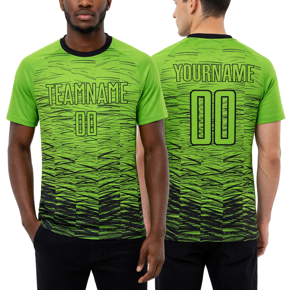 Custom Neon Green Black Sublimation Soccer Uniform Jersey worn front and back