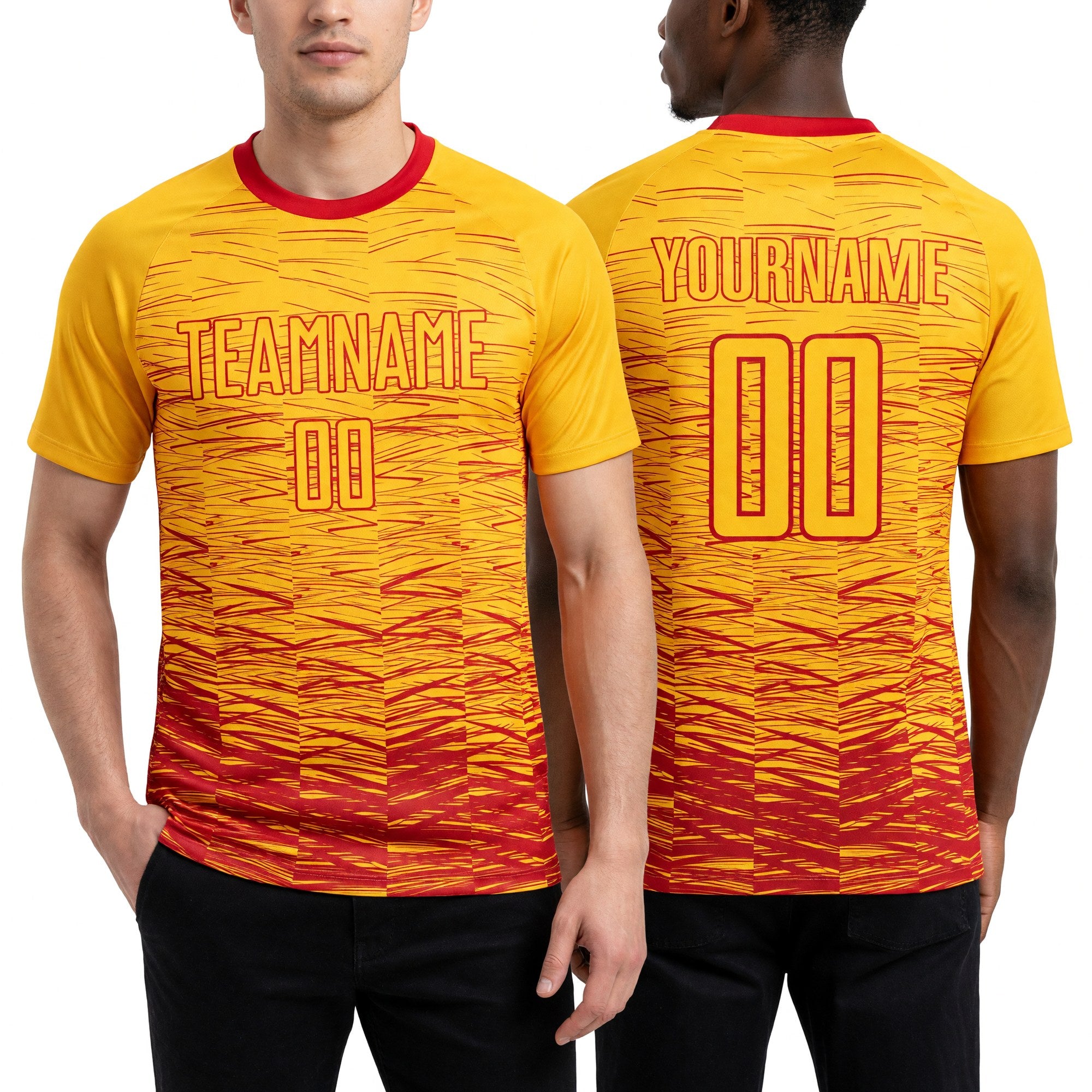 Custom Yellow Red Sublimation Soccer Uniform Jersey worn front and back