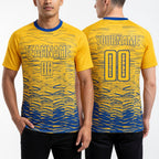 Custom Yellow Royal Sublimation Soccer Uniform Jersey worn front and back