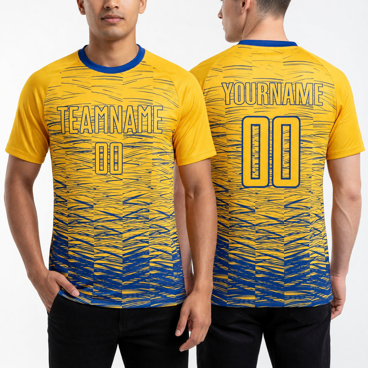 Custom Yellow Royal Sublimation Soccer Uniform Jersey worn front and back