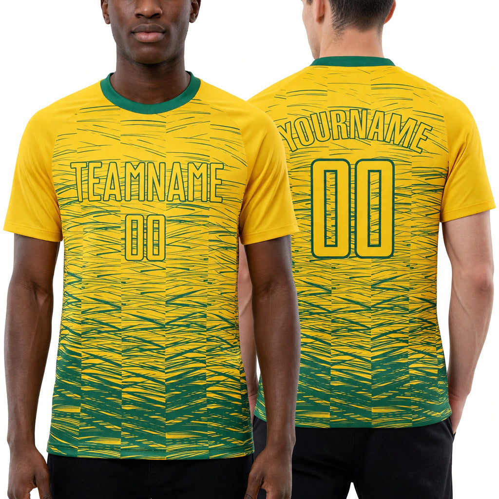 Custom Yellow Kelly Green Sublimation Soccer Uniform Jersey worn front and back