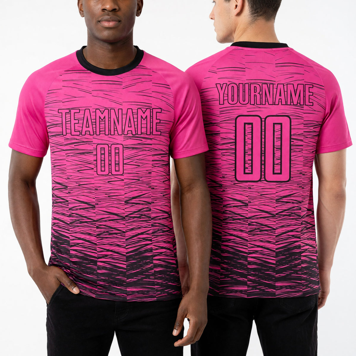 Custom Pink Brown Sublimation Soccer Uniform Jersey worn front and back