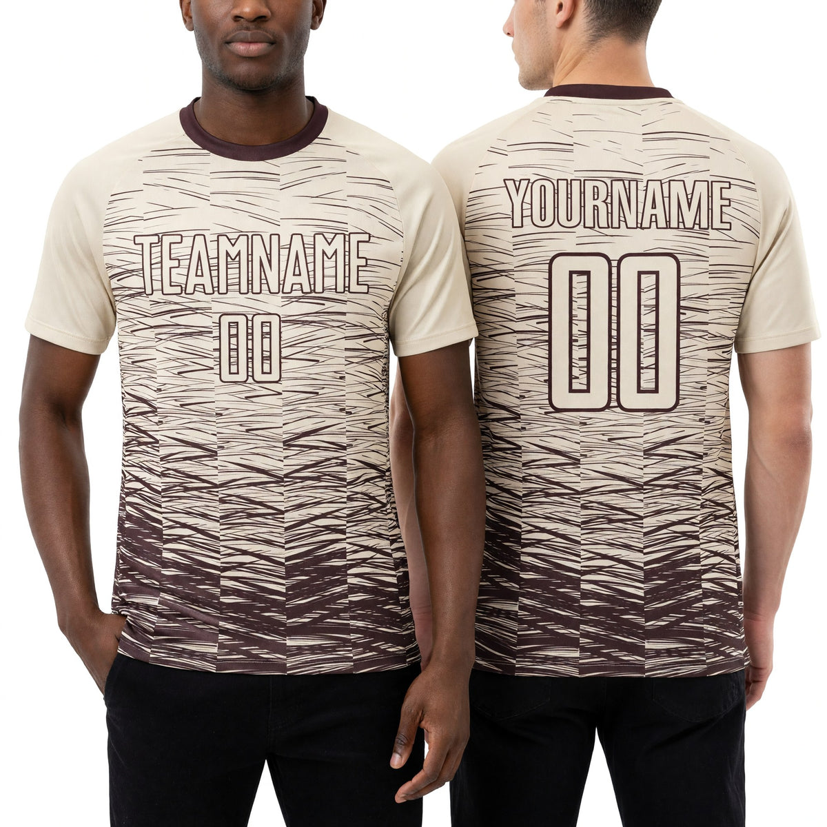 Custom Cream Brown Sublimation Soccer Uniform Jersey worn front and back