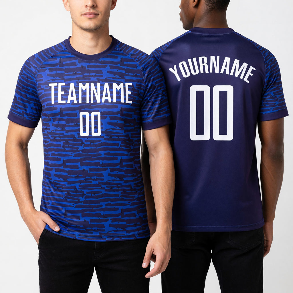 Custom Royal White Sublimation Soccer Uniform Jersey worn front and back