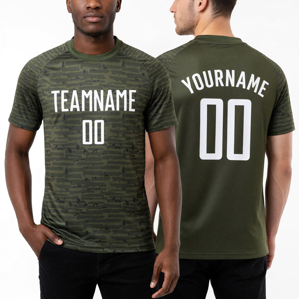 Custom Olive White Sublimation Salute To Service Soccer Uniform Jersey worn front and back