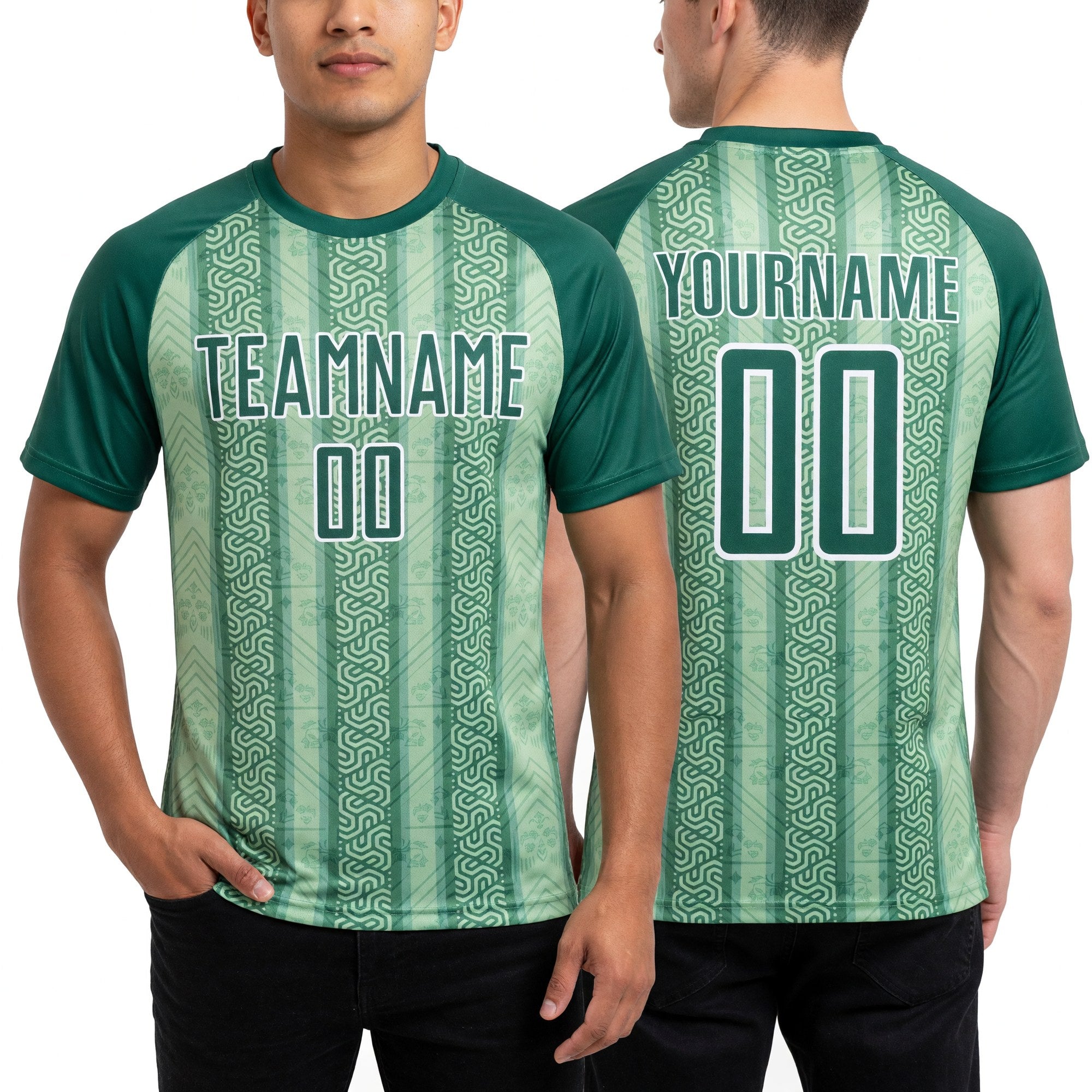 Custom Kelly Green Pea Green-White Ethnic Stripes Sublimation Soccer Uniform Jersey worn front and back