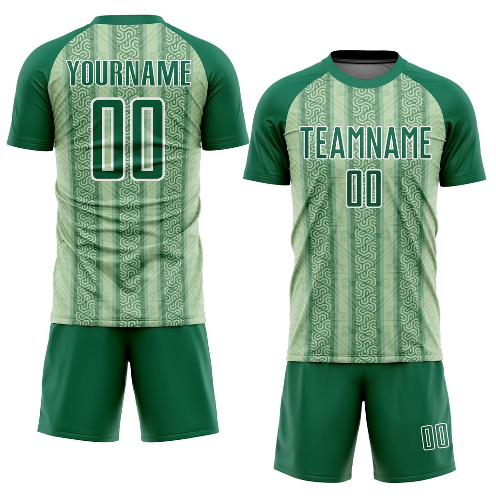 Custom Kelly Green Pea Green-White Ethnic Stripes Sublimation Soccer Uniform Jersey photo 2