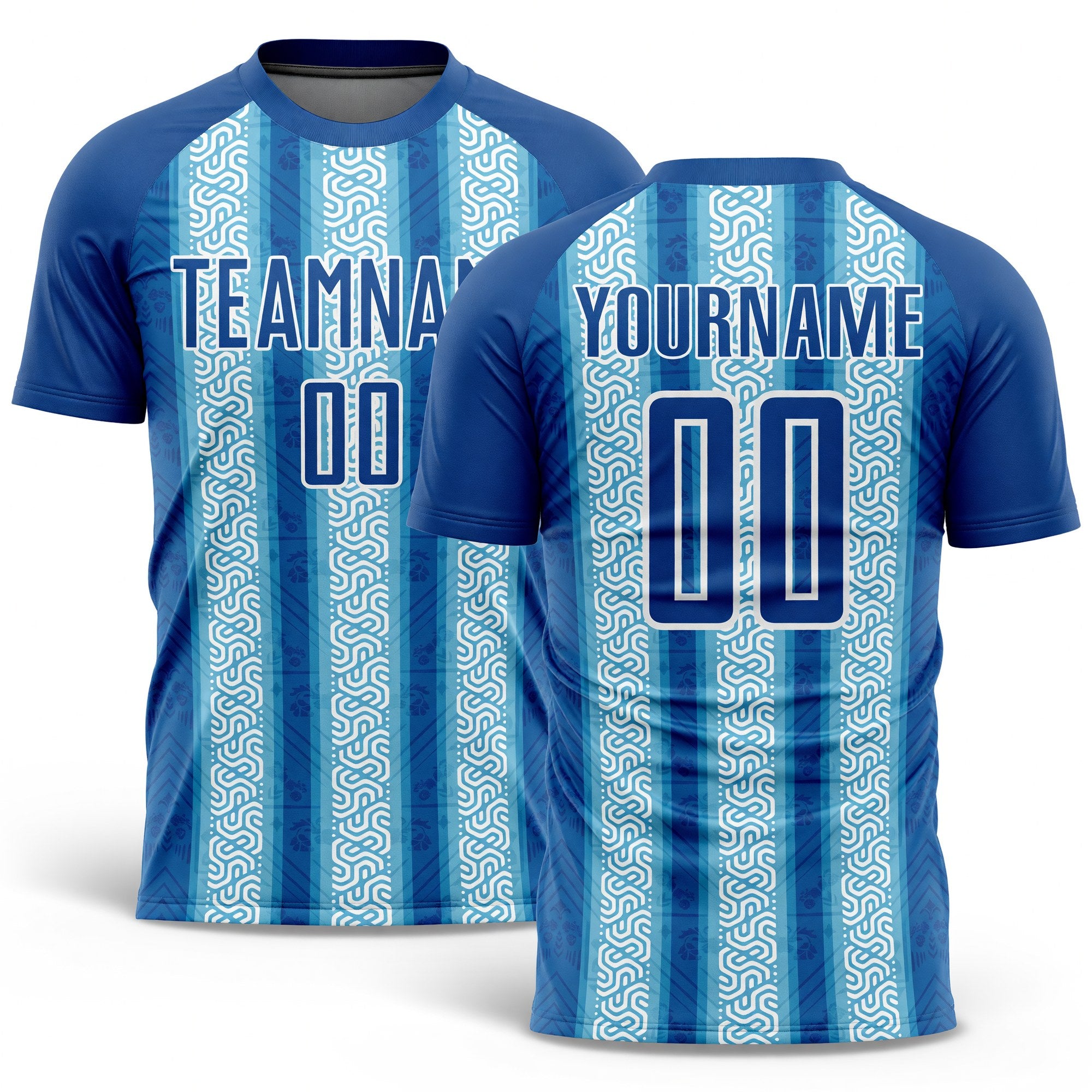 Custom Blue Light Blue-White Ethnic Stripes Sublimation Soccer Uniform Jersey
