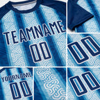 Custom Blue Light Blue-White Ethnic Stripes Sublimation Soccer Uniform Jersey detail