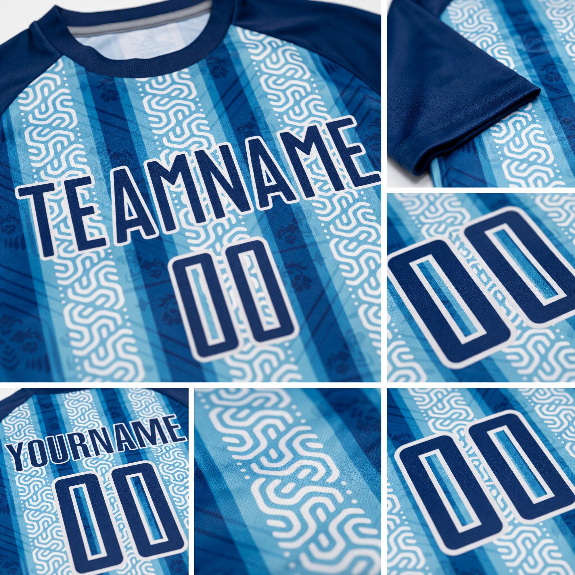 Custom Blue Light Blue-White Ethnic Stripes Sublimation Soccer Uniform Jersey detail
