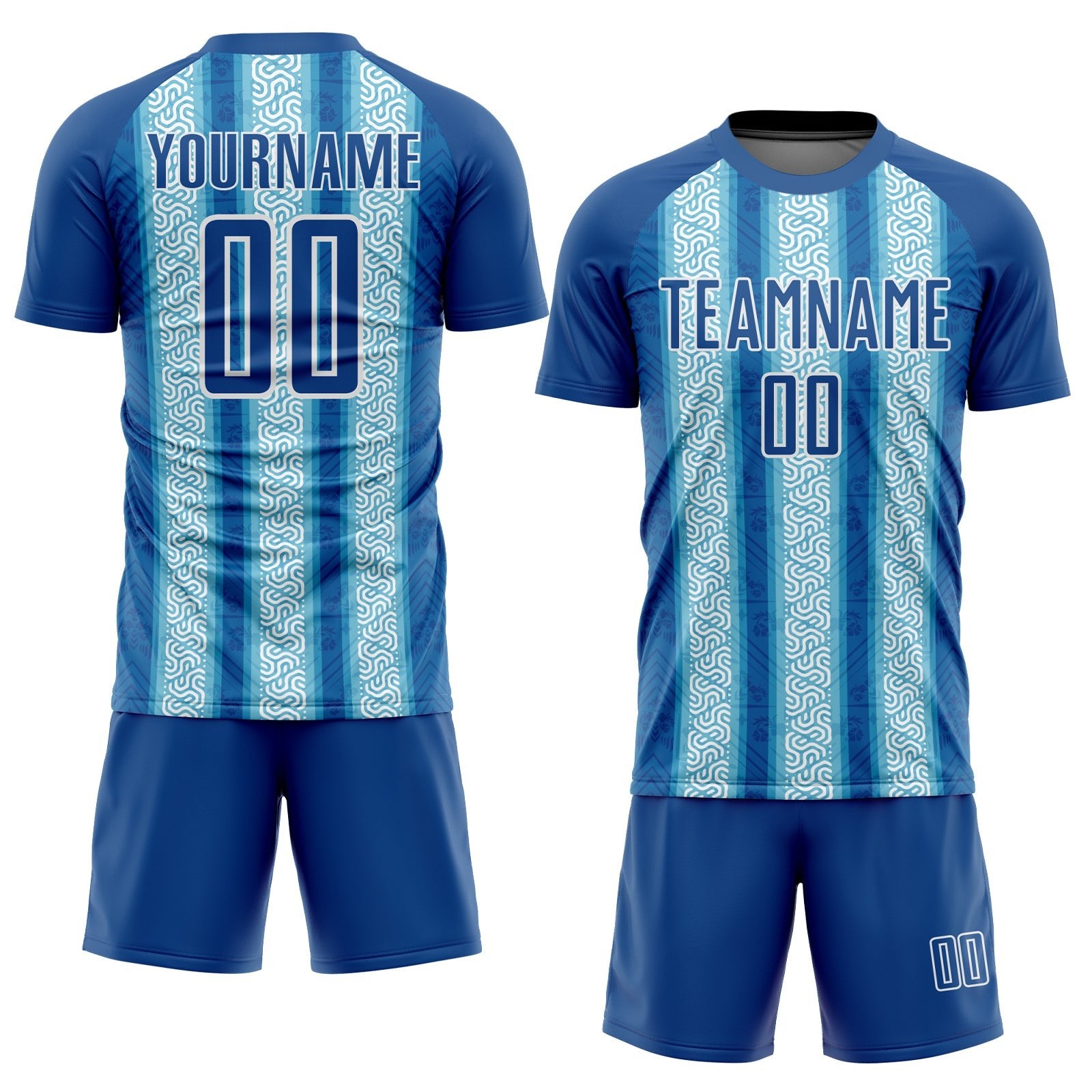 Custom Blue Light Blue-White Ethnic Stripes Sublimation Soccer Uniform Jersey photo 2