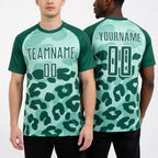 Custom Pea Green Kelly Green-White Animal Print Sublimation Soccer Uniform Jersey worn front and back