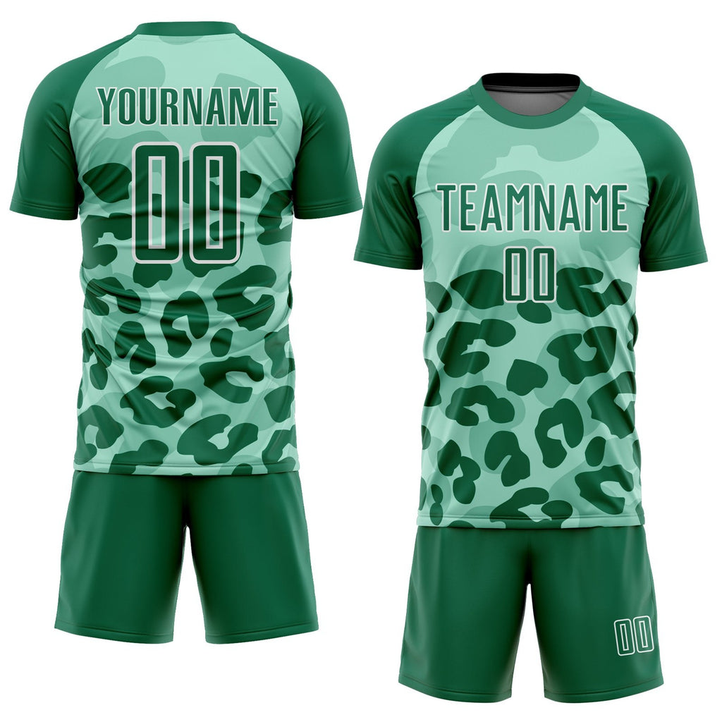 Custom Pea Green Kelly Green-White Animal Print Sublimation Soccer Uniform Jersey photo 2