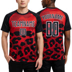 Custom Red Black-White Animal Print Sublimation Soccer Uniform Jersey worn front and back