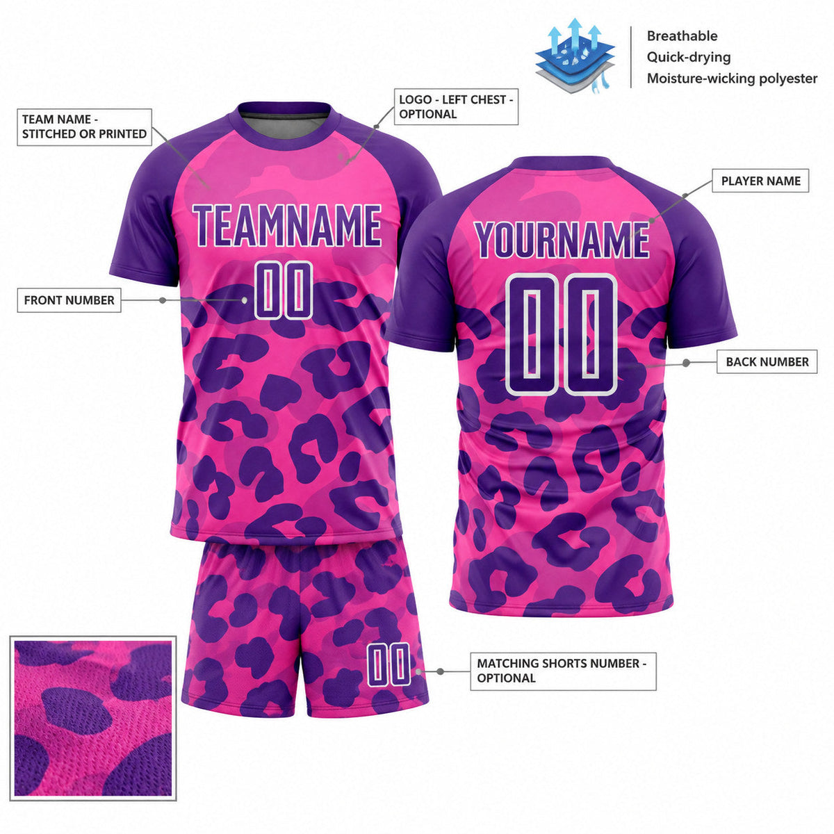 Custom Pink Animal Print Sublimated Soccer Jersey with Purple and White Lettering customization guide