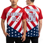 Custom Red White-Navy Vintage American Flag Sublimation Soccer Uniform Jersey worn front and back