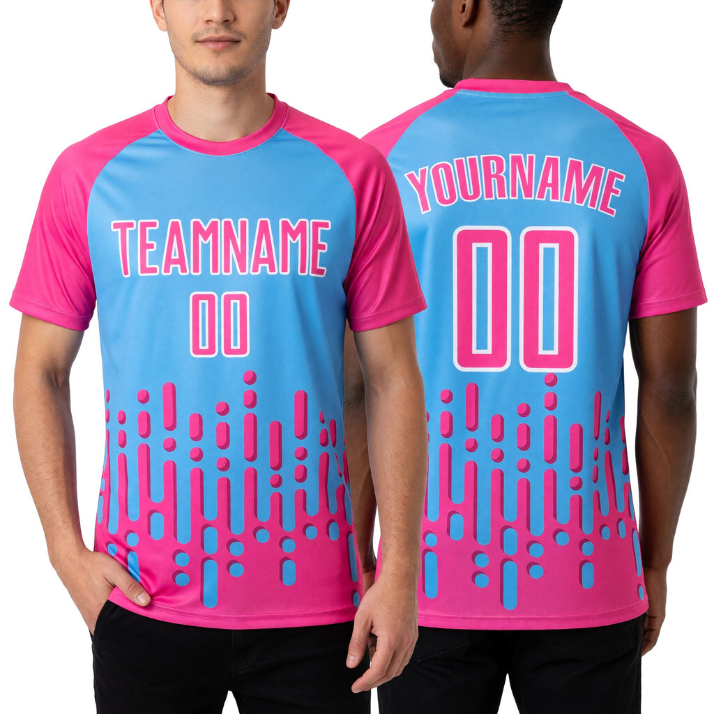 Custom Pink Light Blue-White Abstract Fluid Wave Sublimation Soccer Uniform Jersey worn front and back