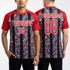 Custom Red Black-White Flowers Sublimation Soccer Uniform Jersey worn front and back