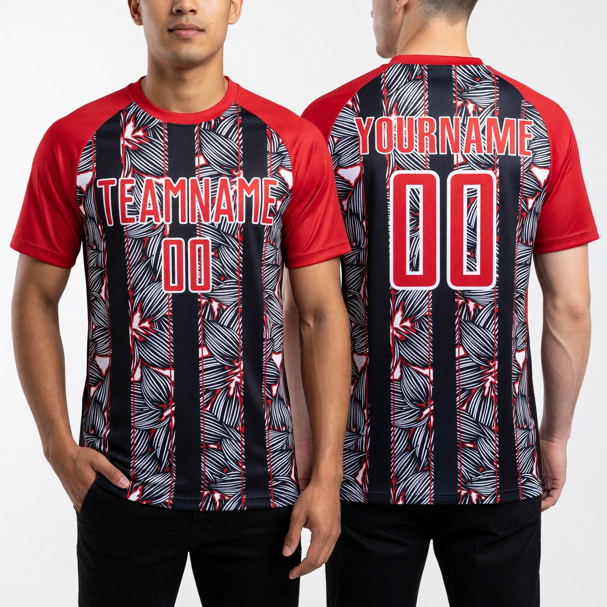 Custom Red Black-White Flowers Sublimation Soccer Uniform Jersey worn front and back