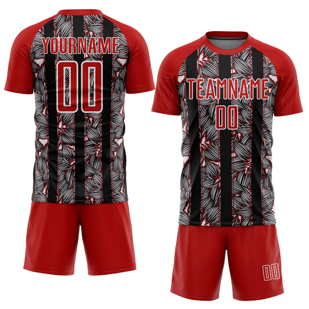 Custom Red Black-White Flowers Sublimation Soccer Uniform Jersey photo 2